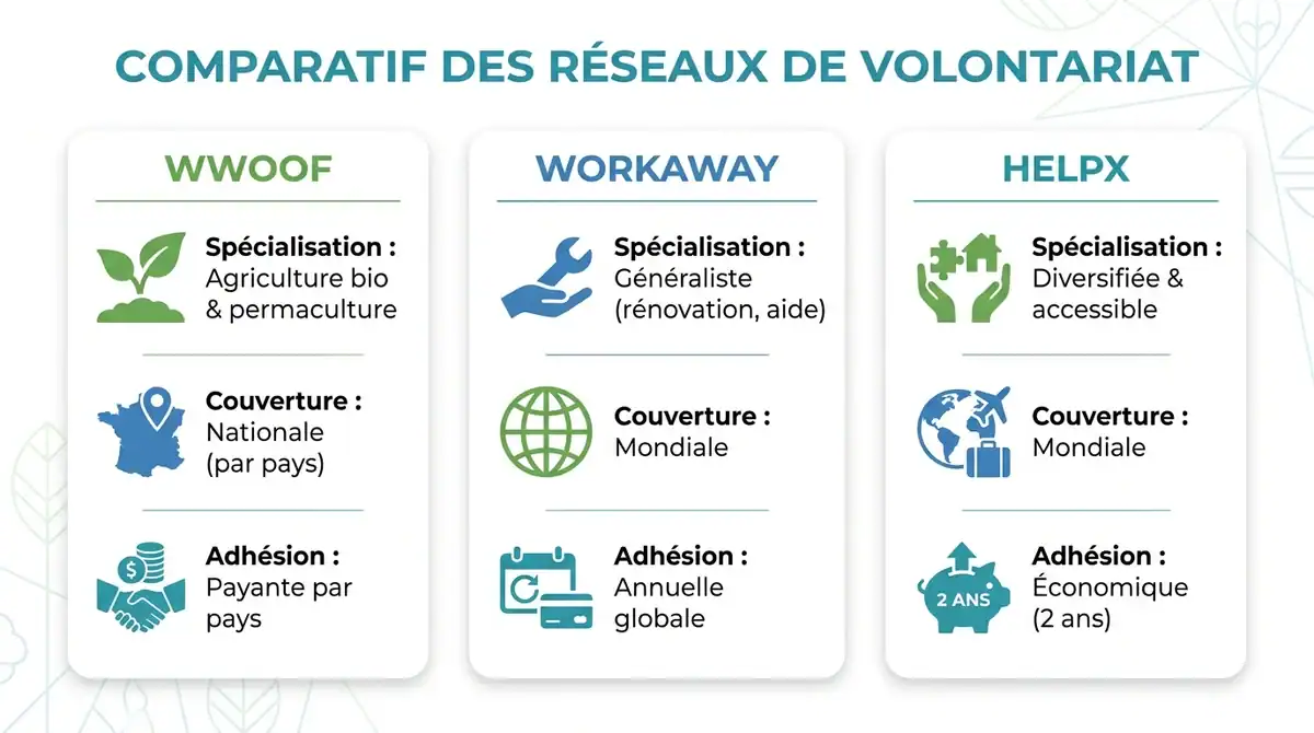 Tableau comparatif entre WWOOF, Workaway et HelpX pour choisir sa plateforme de volontariat international.