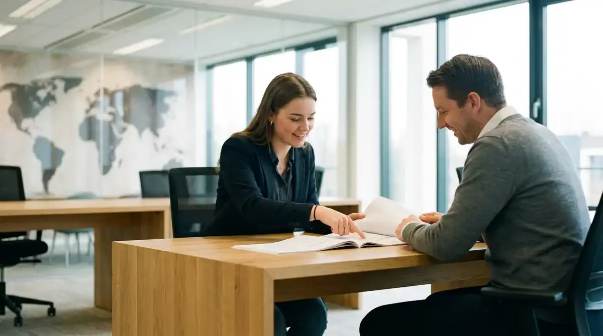 Jeune diplômé en entretien professionnel dans un bureau pour un programme de Volontariat International en Entreprise VIE
