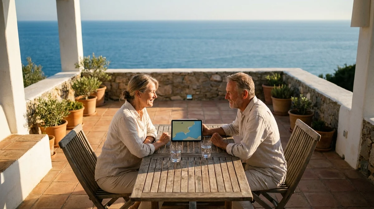 Couple de retraités heureux consultant une tablette sur une terrasse méditerranéenne pour préparer leur expatriation.