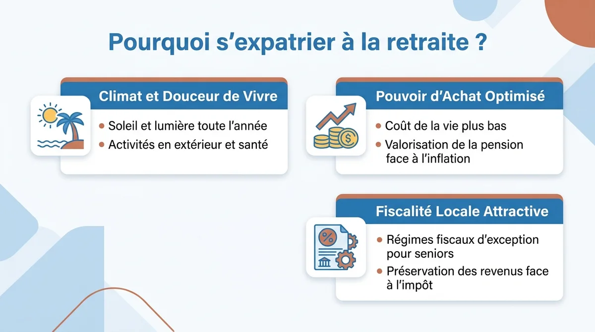 Infographie présentant les 3 raisons de s'expatrier à la retraite : climat, pouvoir d'achat et fiscalité.
