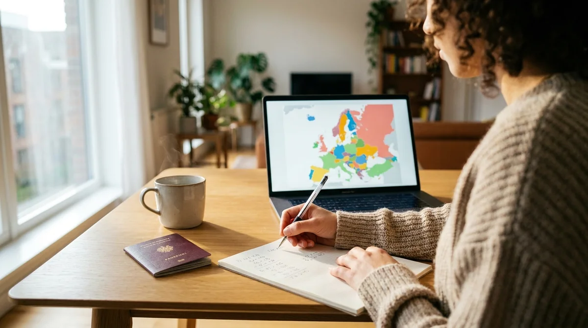 Étudiant préparant son dossier Erasmus sur un bureau lumineux avec un passeport et un carnet, atmosphère studieuse.