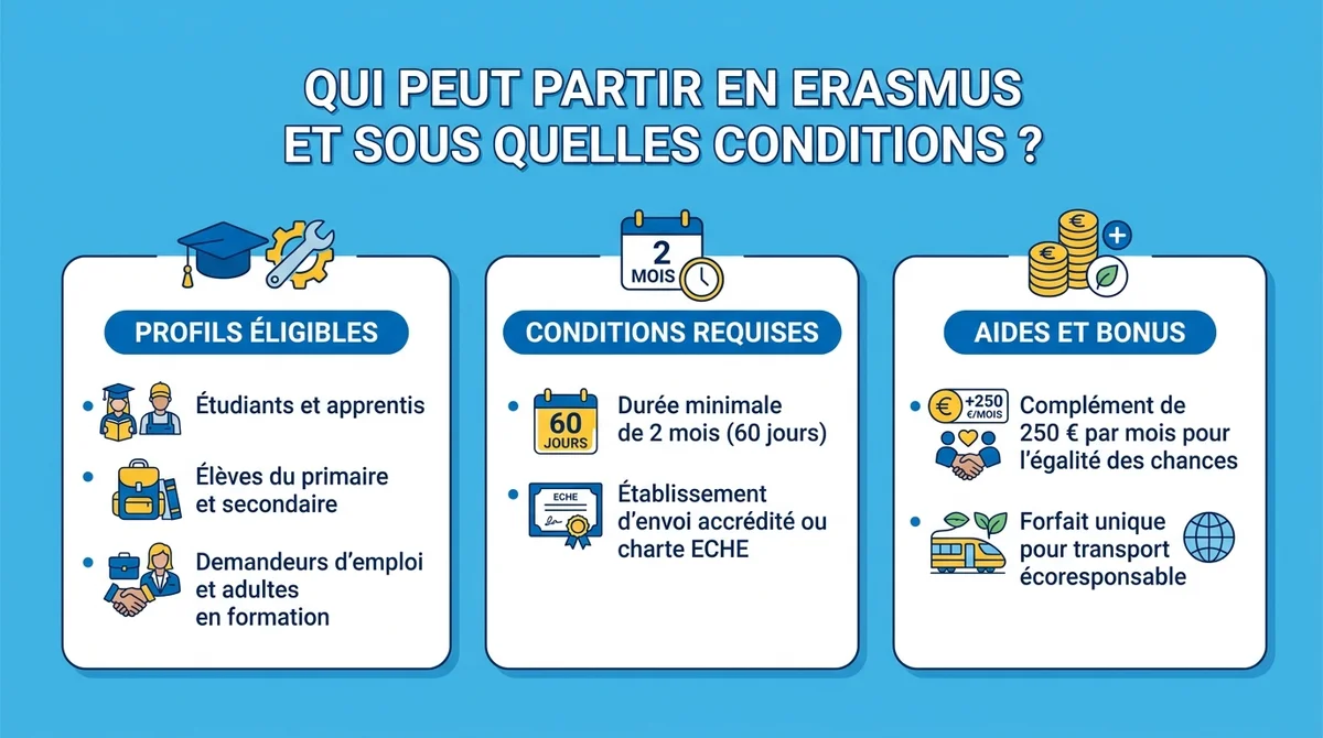 Infographie sur les profils éligibles, conditions de durée et aides financières pour le programme Erasmus.
