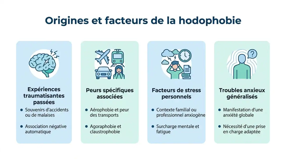 Infographie présentant les causes et facteurs déclencheurs de la hodophobie ou peur des voyages.