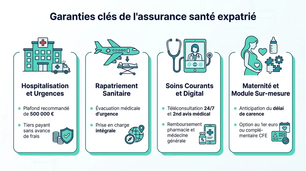 Infographie explicative des garanties clés d'une assurance santé expatrié : hospitalisation, rapatriement et soins.