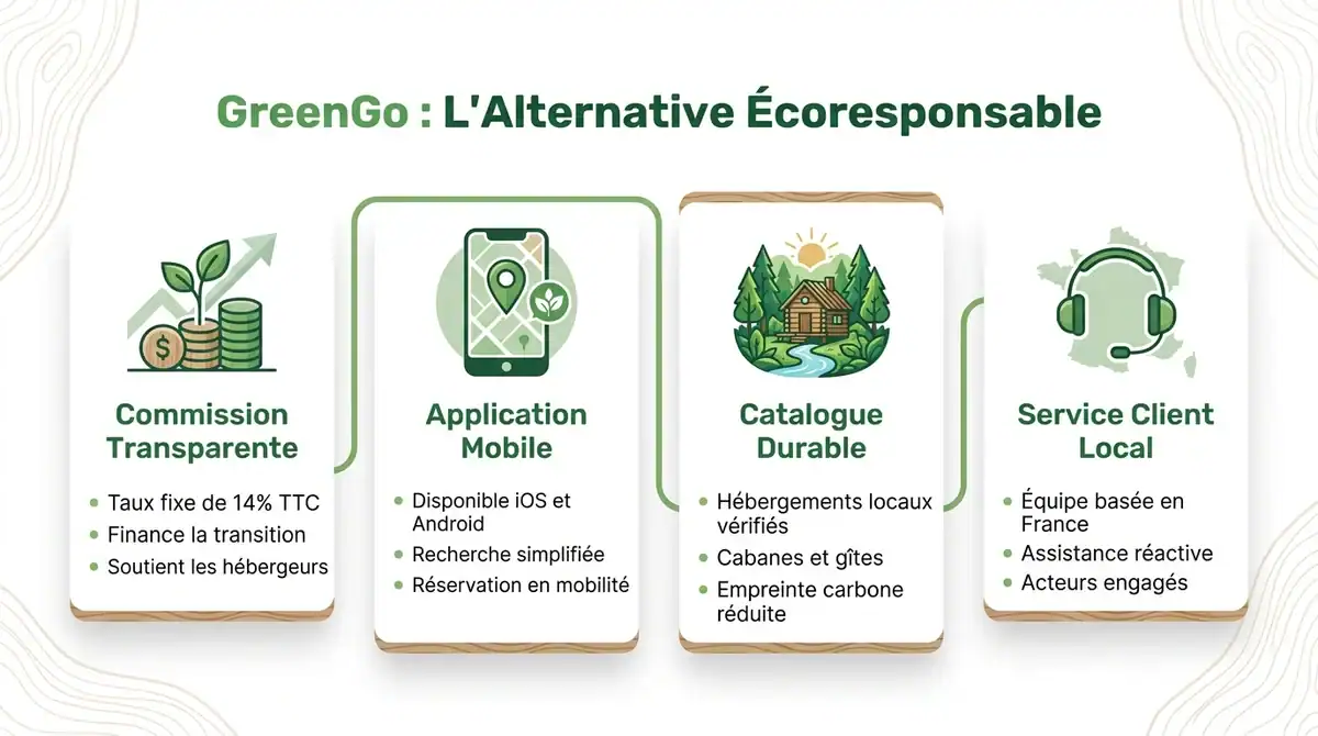 Infographie expliquant le modèle de GreenGo Voyage : commission de 14%, application mobile et hébergements durables.
