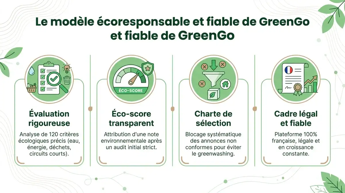 Infographie expliquant le processus de sélection écoresponsable et la fiabilité de la plateforme GreenGo.