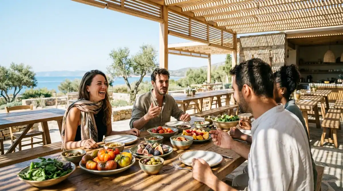 Groupe d'amis profitant d'un repas durable dans un eco-resort méditerranéen lors d'un voyage Fram en 2026.