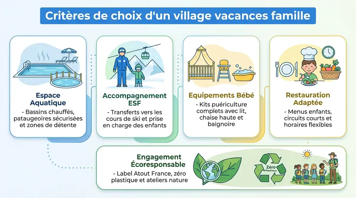 Infographie des 5 critères essentiels pour bien choisir un village vacances famille : services, équipements et éco-label.