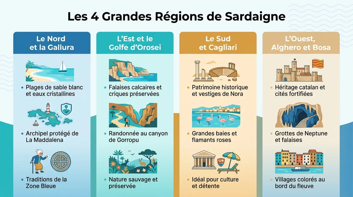 Infographie présentant les 4 régions clés de Sardaigne : Nord, Est, Sud et Ouest avec leurs attraits touristiques.