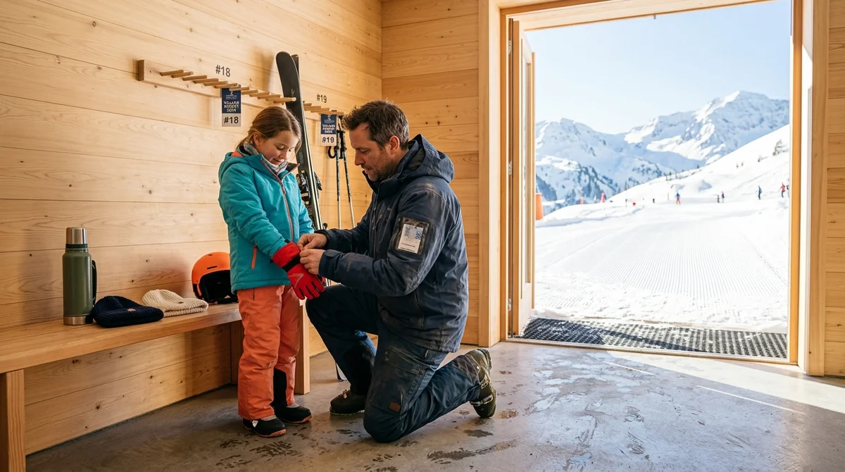 Local à skis moderne en bois avec vue sur les pistes enneigées d un Village Club du Soleil